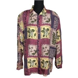 STUNT VTG 80's Womens XLSilk Patchwork Button Up Shoulder Pads Shirt Floral